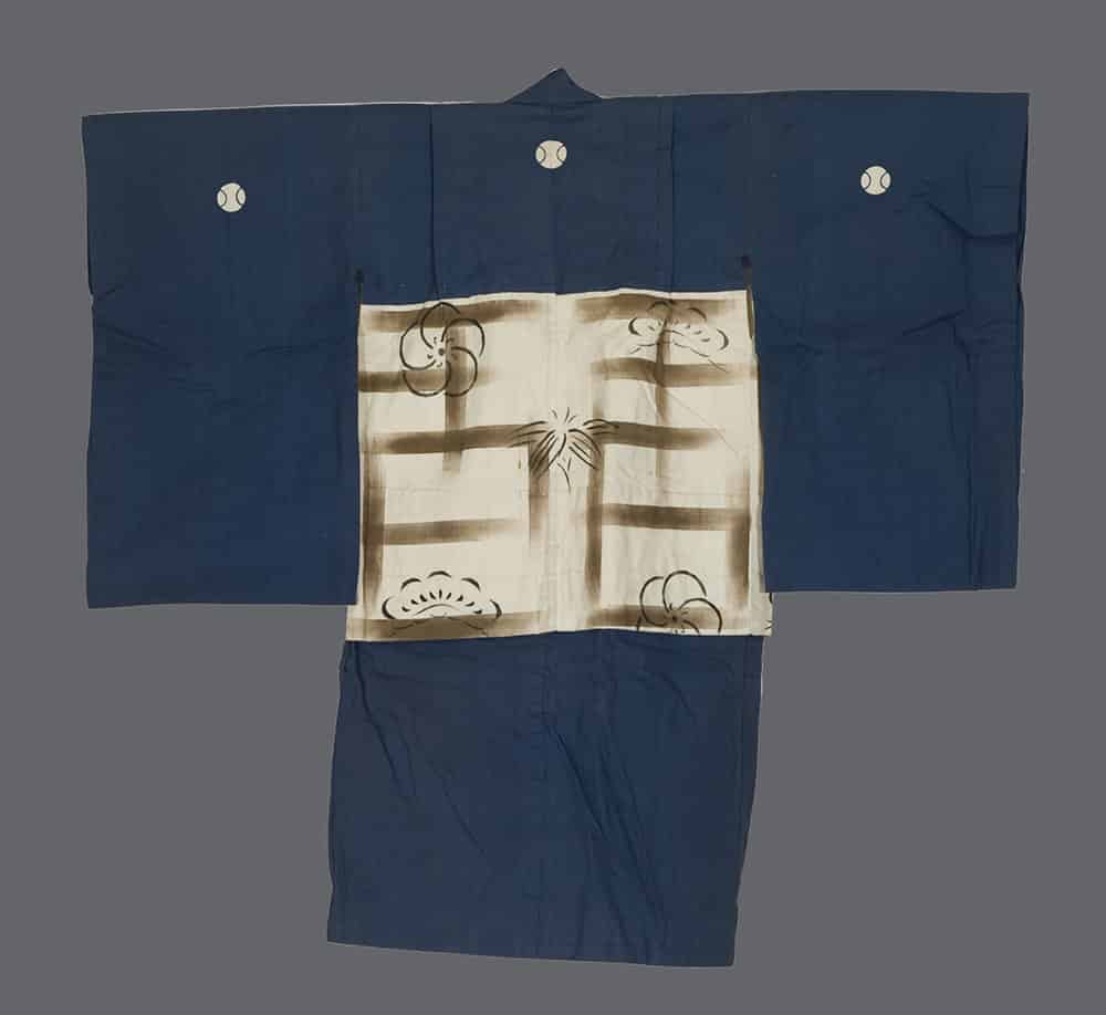 Dark blue Japanese kimono with white central panel and baseball motifs
