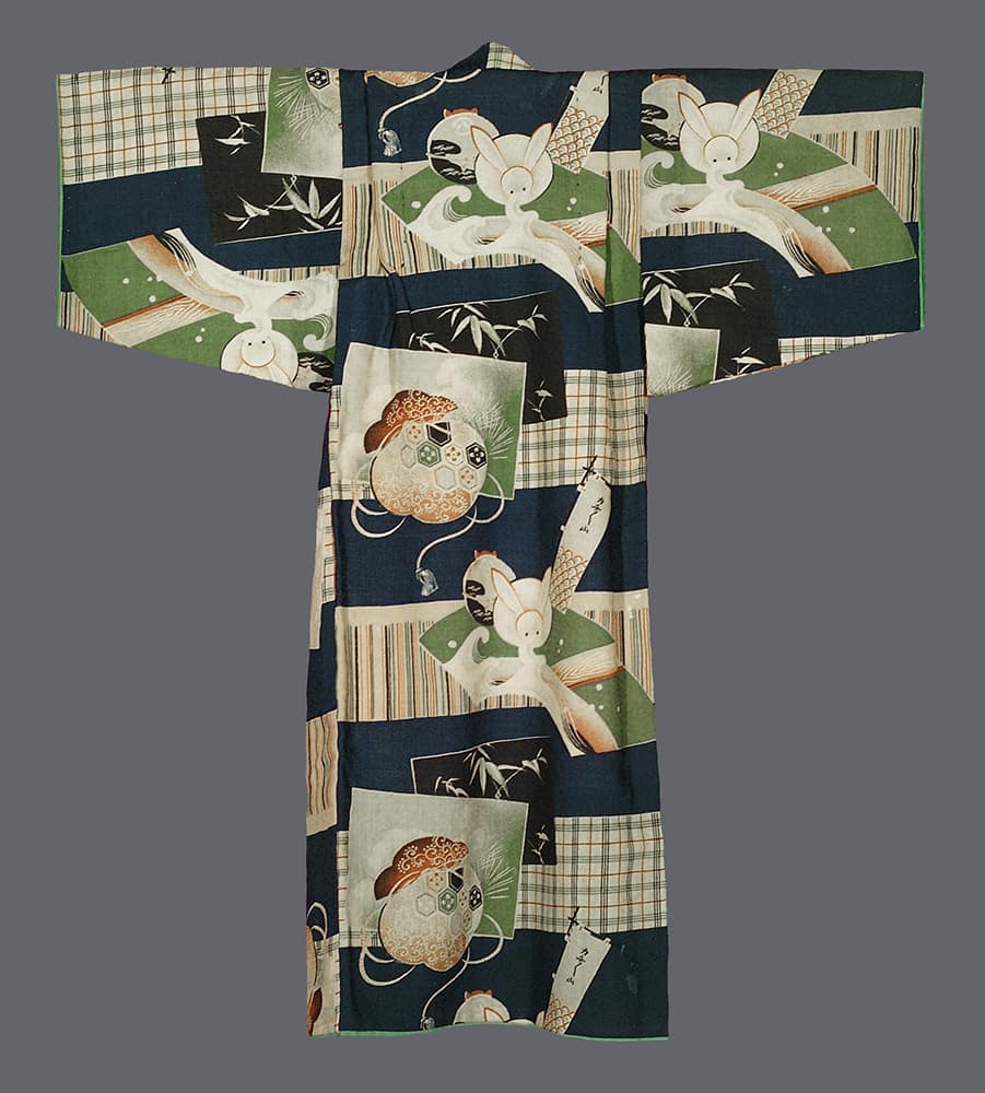 Japanese kimono with playful rabbit and geometric patchwork design