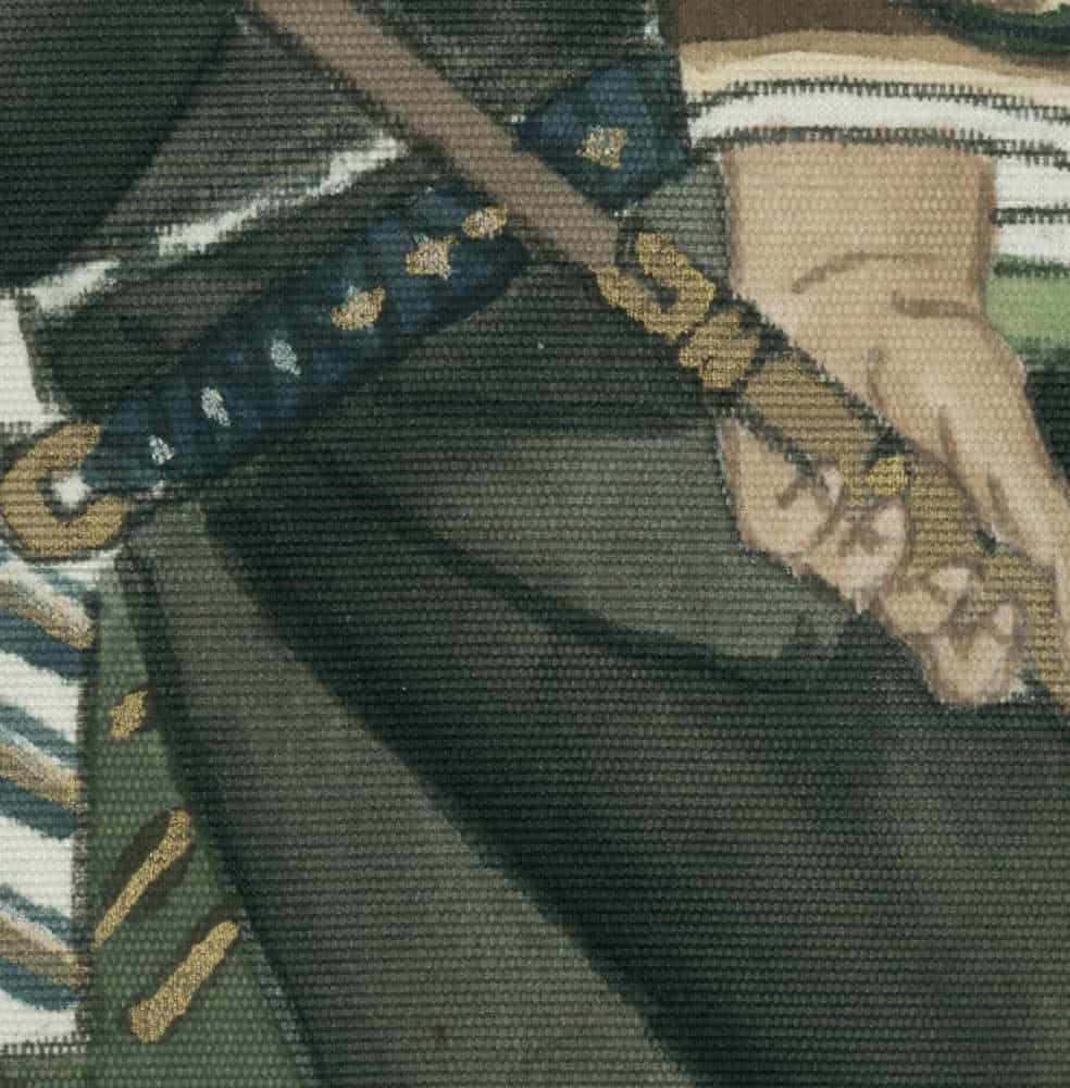 Textured tapestry with dark colors, geometric shapes, and golden highlights