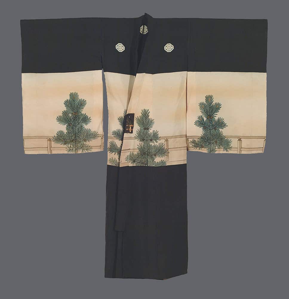 Black and beige Japanese kimono with pine tree motifs on light panels