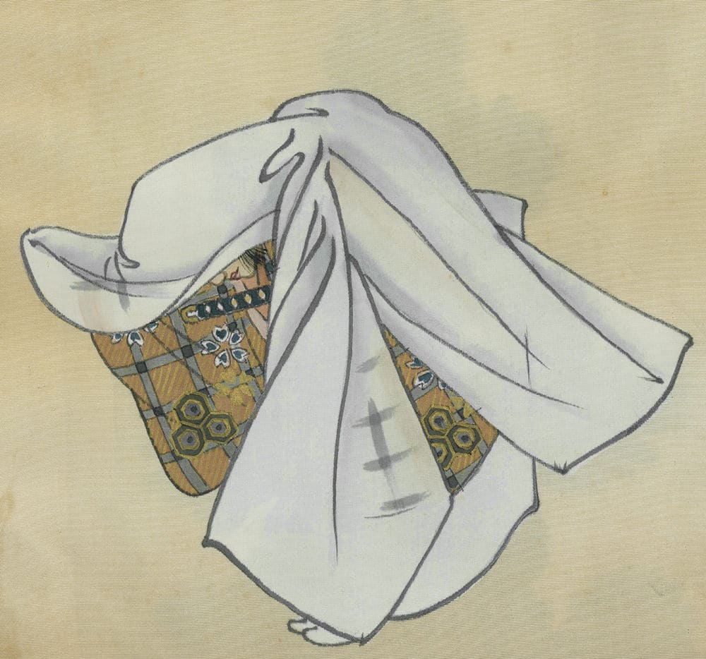 Folded white kimono with patterned golden interior, traditional Japanese artwork