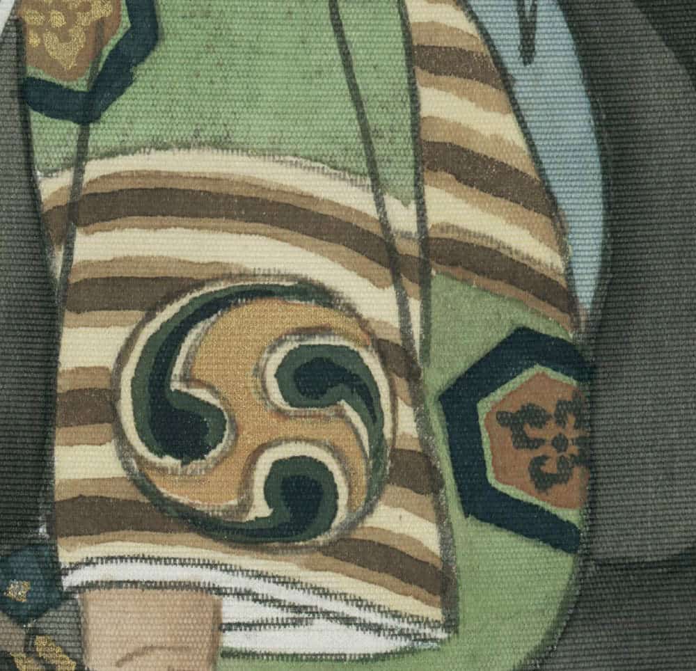 Abstract textile with swirling brown and green curves and geometric shapes