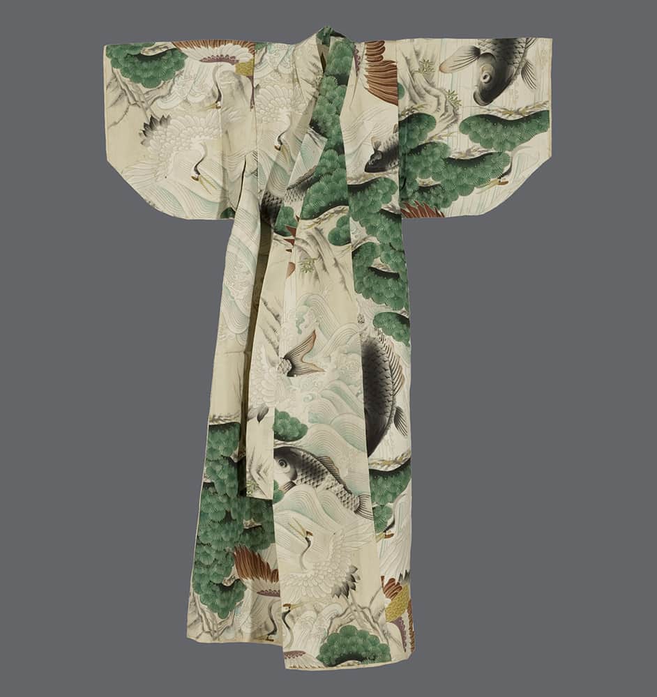 Traditional Japanese kimono with fish, birds, and trees in green and white