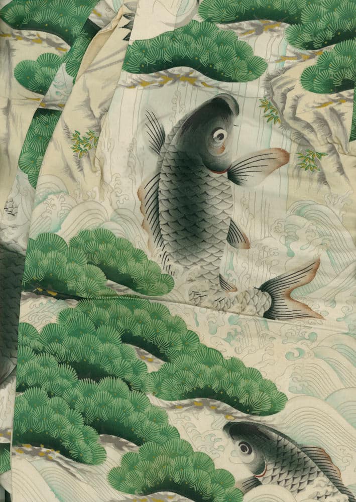 Traditional Japanese artwork of koi fish swimming among green pine trees
