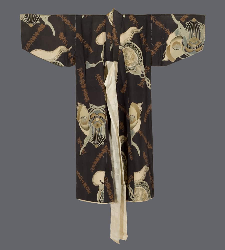 Dark Japanese kimono with stylized nautical shells and organic patterns