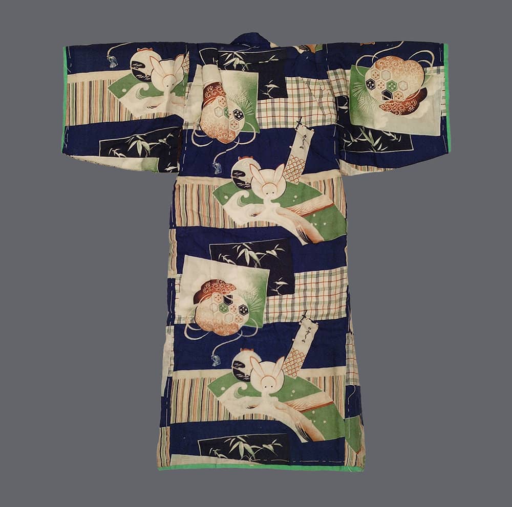 Traditional Japanese kimono with rabbit and geometric patchwork design