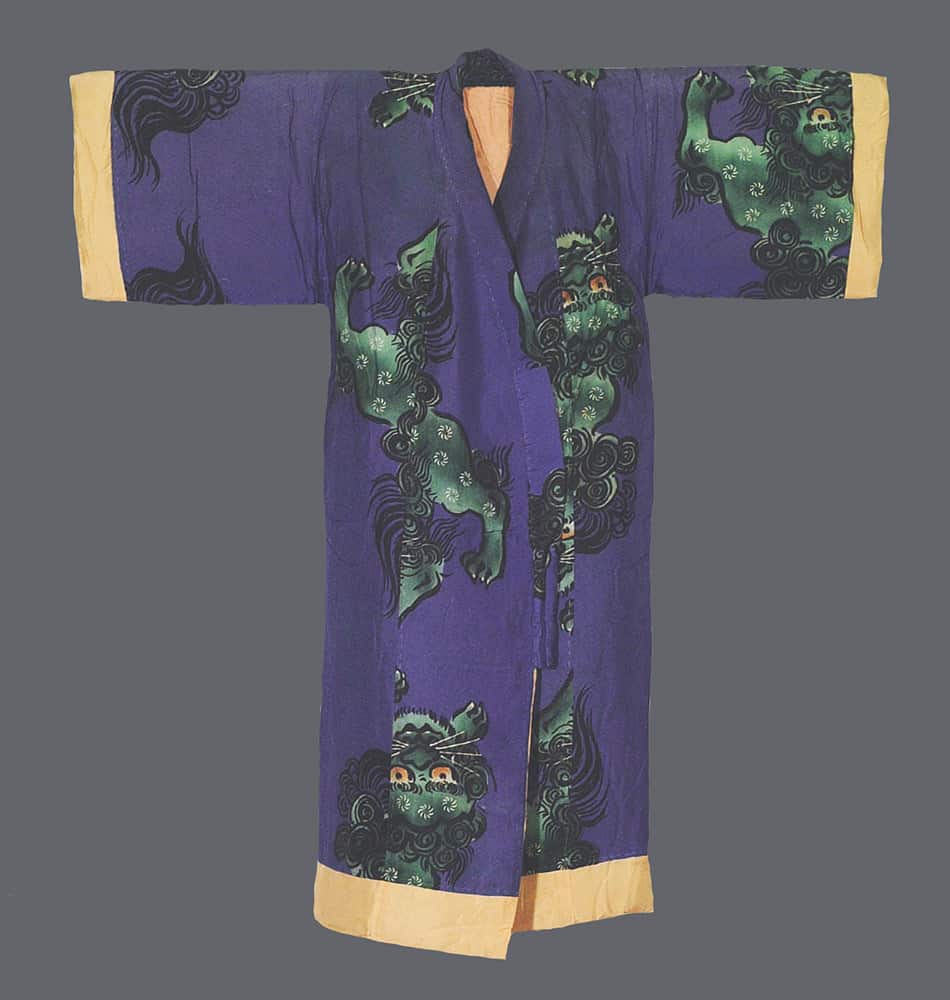 Purple Japanese kimono with green mythical creature design