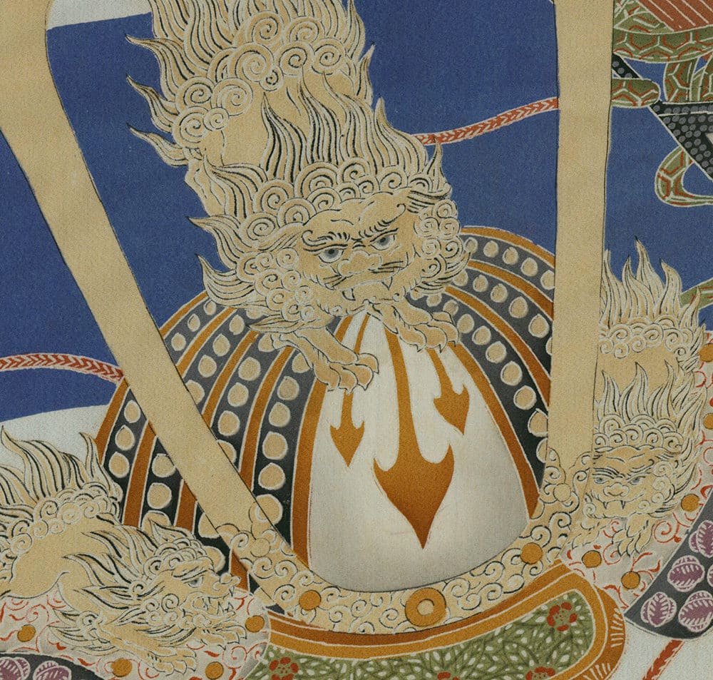 Japanese mythical dragon with flames, intricate traditional art style