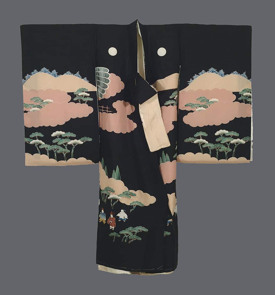 Black Japanese kimono with pink clouds and green pine trees
