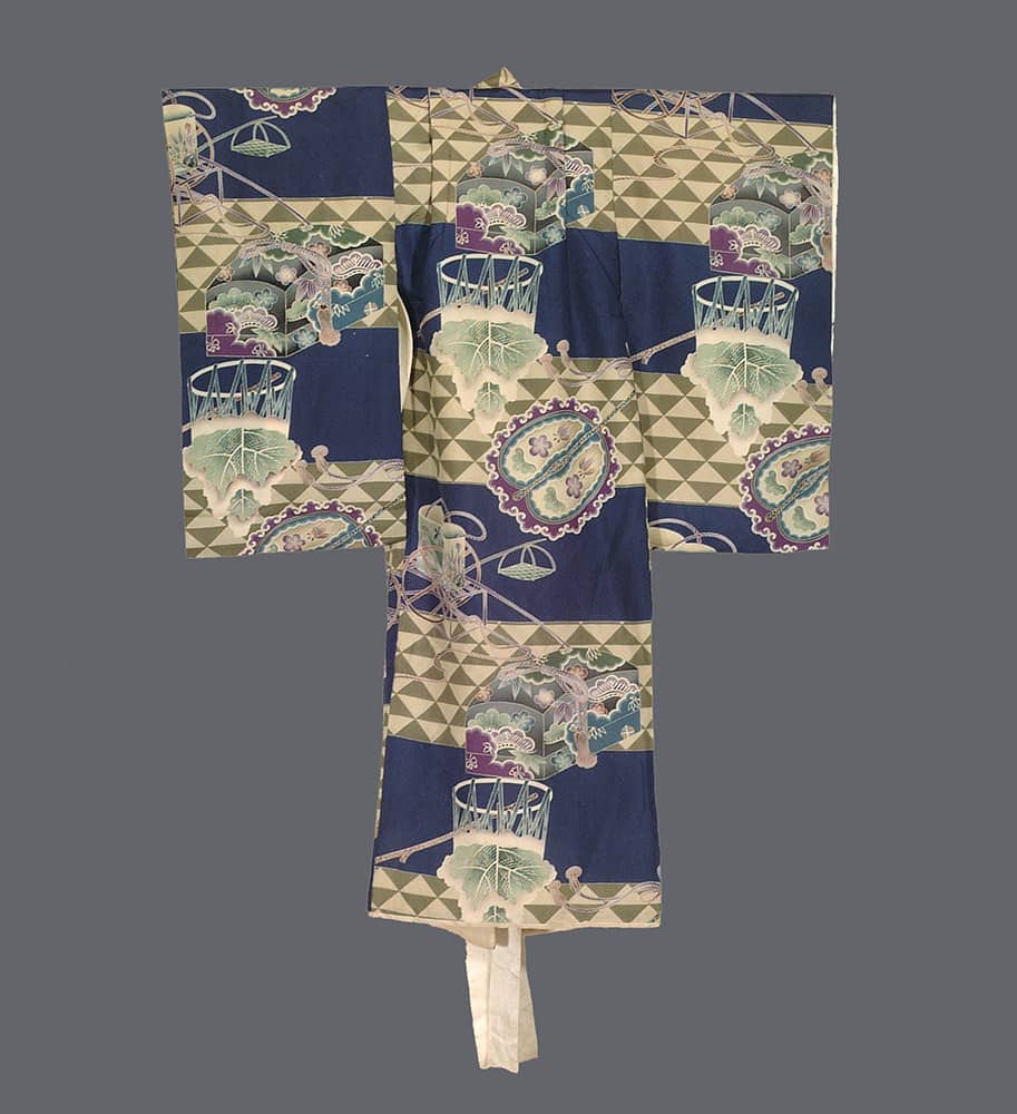 Vintage Japanese kimono with geometric patterns and floral basket motifs
