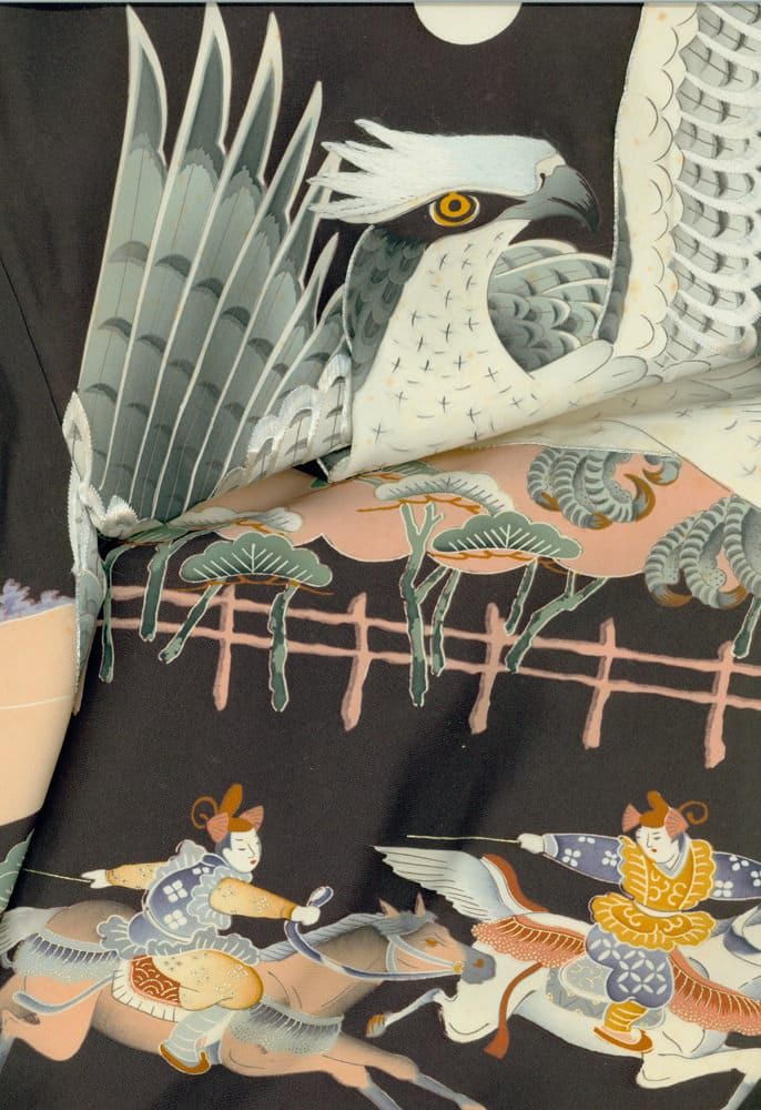 Japanese art featuring white hawk, riders, and stylized landscape with trees