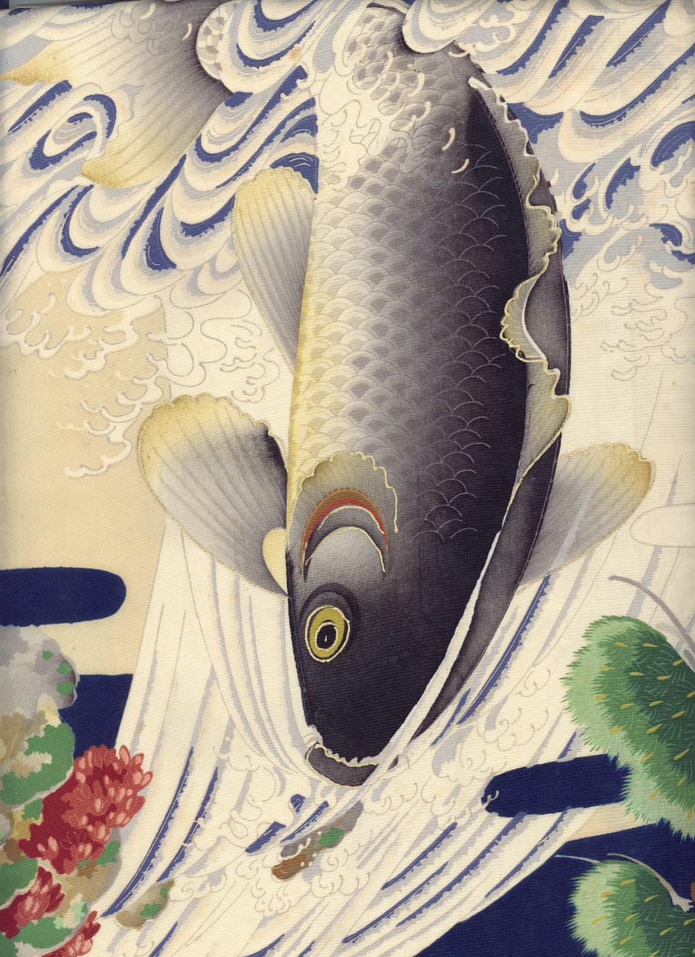 Black and white fish leaping through swirling waves with yellow eye