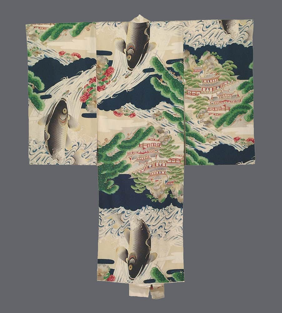 Traditional Japanese kimono with fish, waves, and mountain landscape design