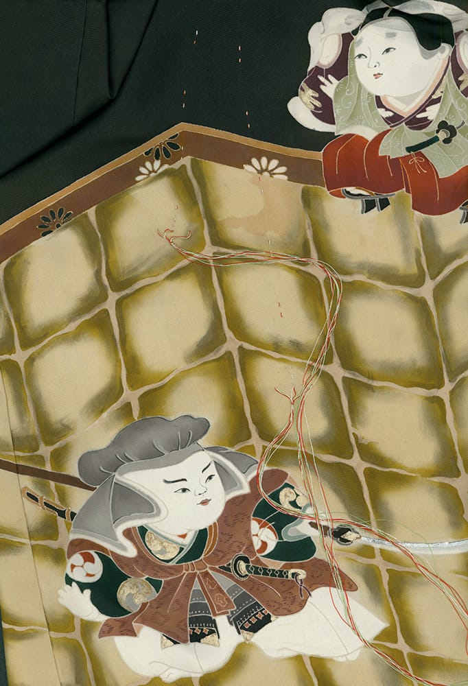 Traditional Japanese illustration of two figures in net-like grid