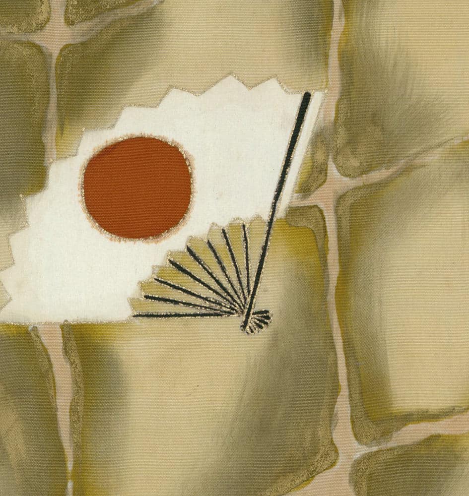 Abstract art with orange sun, white flower, and geometric fan shape