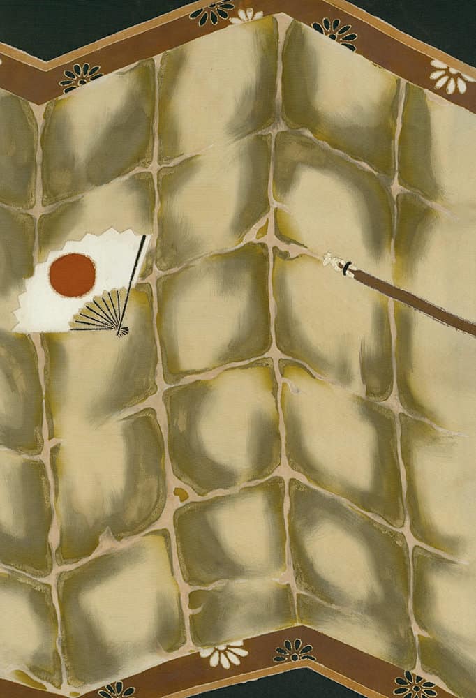 Textured stone wall with decorative border and red circle, incense stick