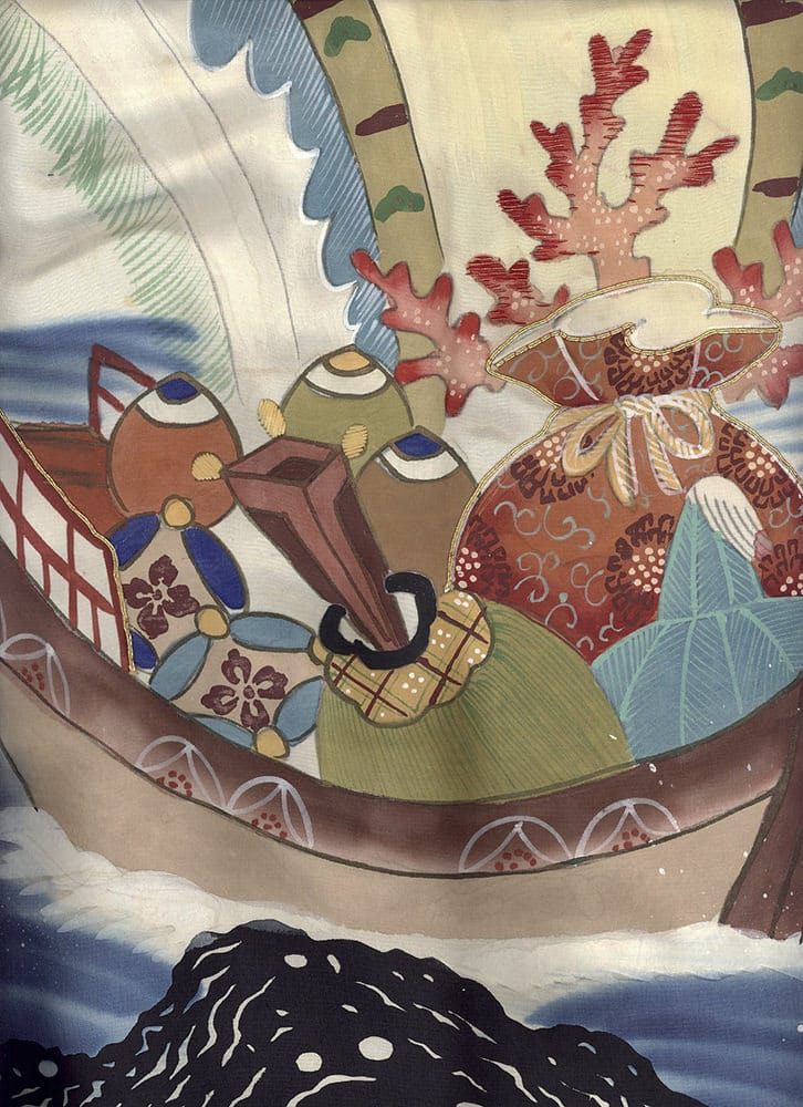 Stylized Japanese boat with decorative objects and coral-like elements