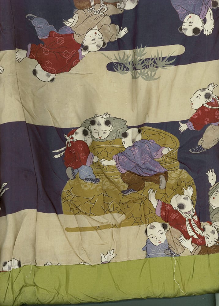 Japanese illustration with stylized children in traditional clothing scattered across fabric