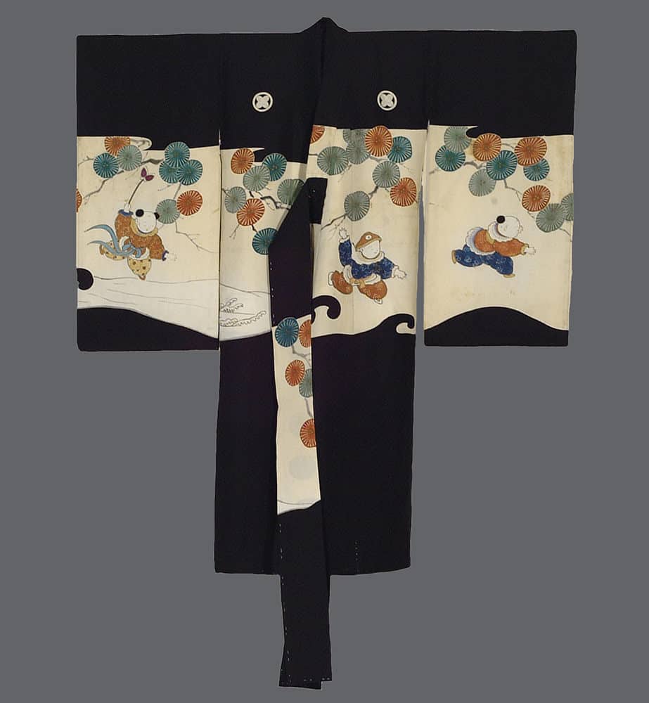 Black and white kimono with colorful circular patterns and playful figures