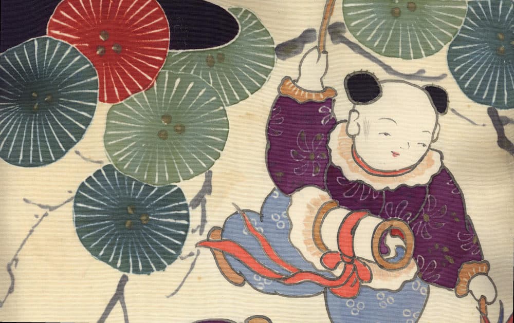 Traditional Japanese artwork of child in purple kimono with decorative fans