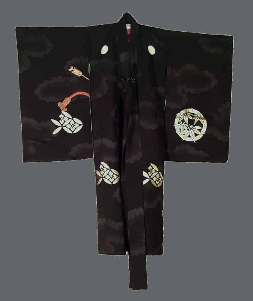 Black Japanese kimono with delicate floral and geometric embroidered patterns