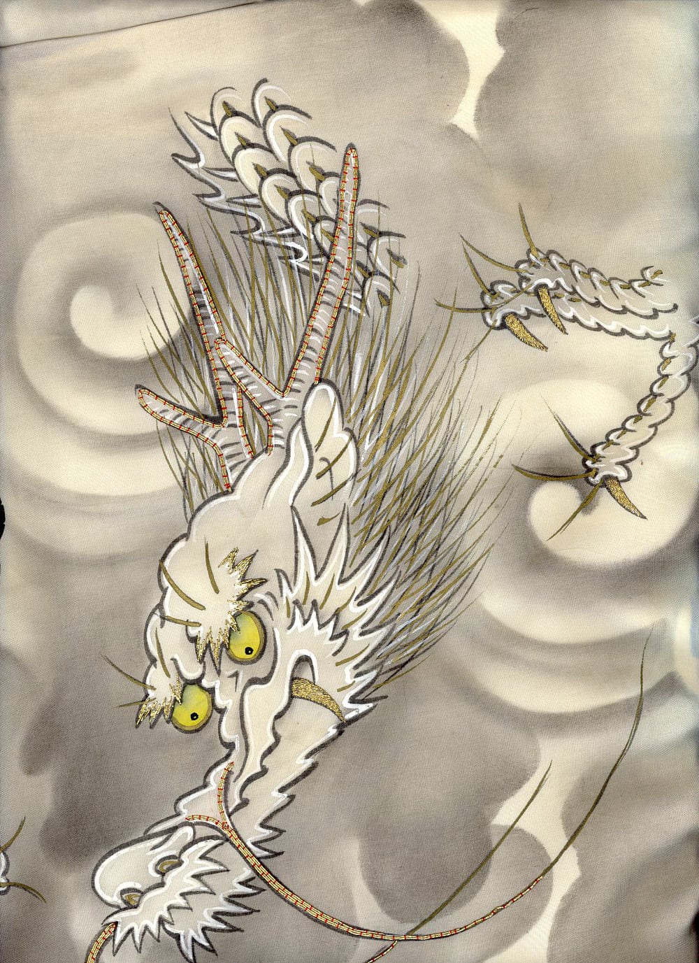 Japanese-style dragon with yellow eyes flying through misty sky