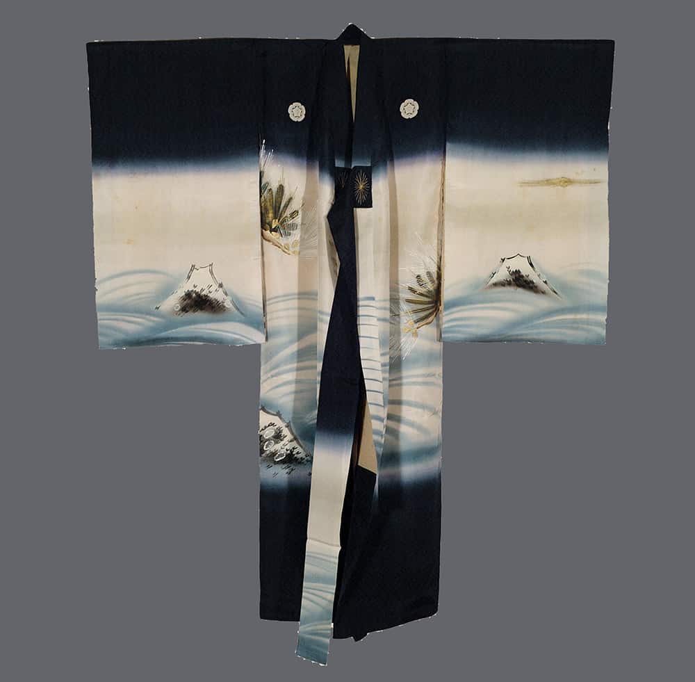 Japanese kimono with Mount Fuji, waves, and fan design in black and white