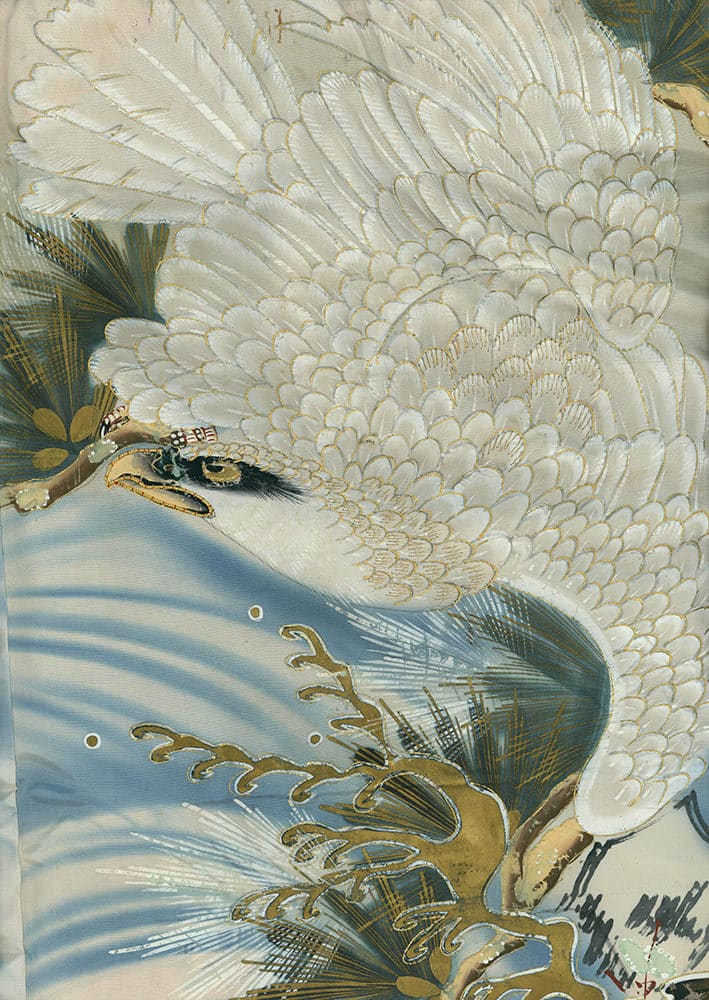 Elegant white crane with intricate feathers against blue and gold background