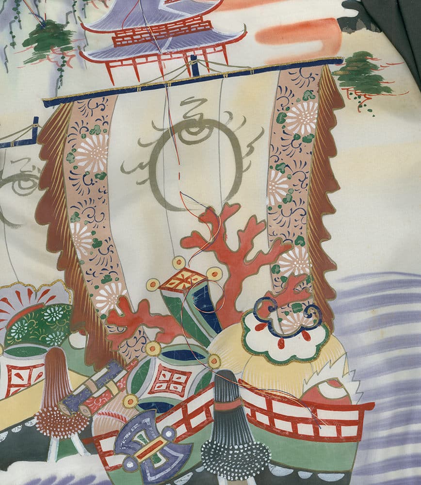 Traditional Japanese artwork with pagoda, coral-like shapes, and decorative patterns
