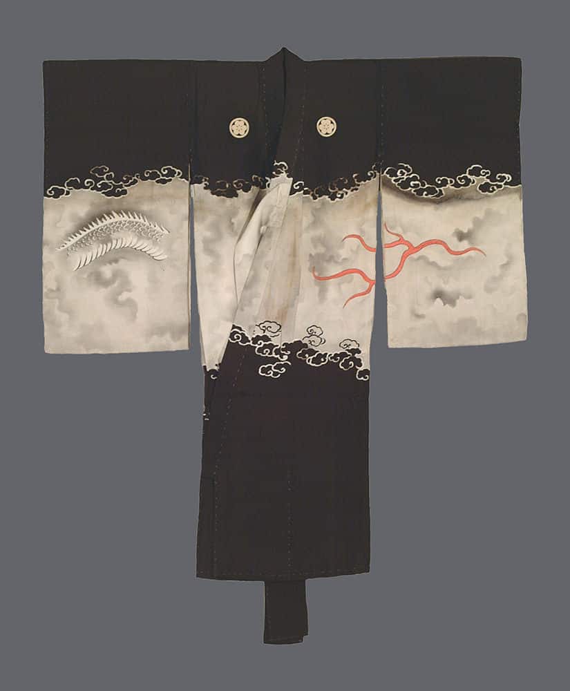 Black and white Japanese kimono with cloud and red branch design