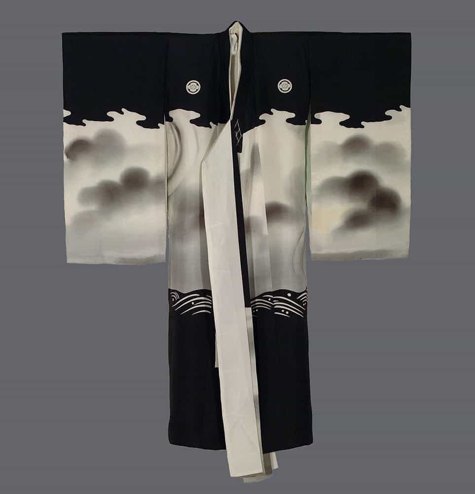 Traditional black and white Japanese kimono with cloudy design