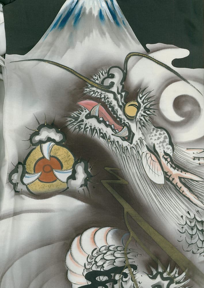 Surreal dragon-like creature near Mount Fuji in stylized Japanese art
