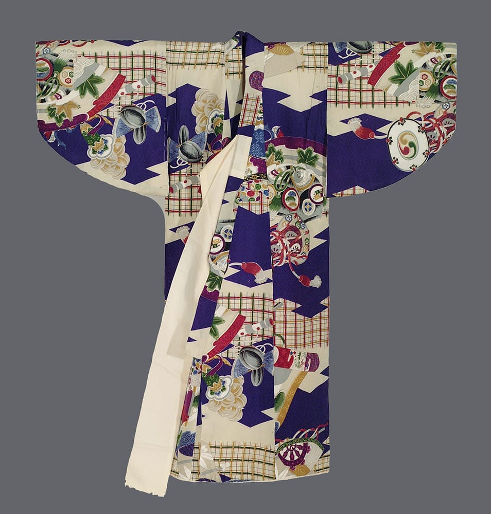 Colorful Japanese kimono with fan, floral, and geometric patterns