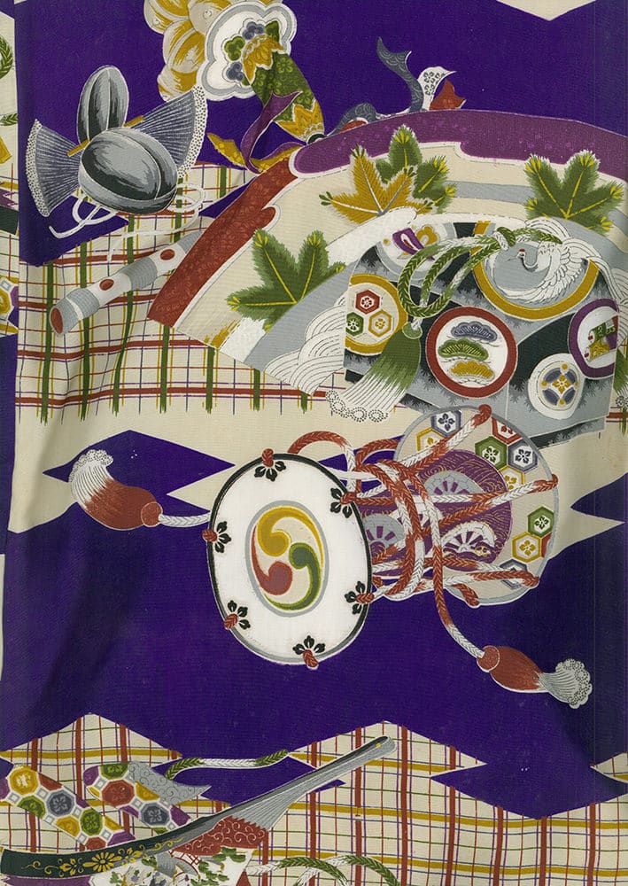 Vibrant Japanese textile design with ornate patterns, birds, and geometric shapes