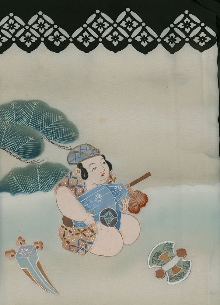 Traditional Japanese illustration of a person in patterned clothing near leaves