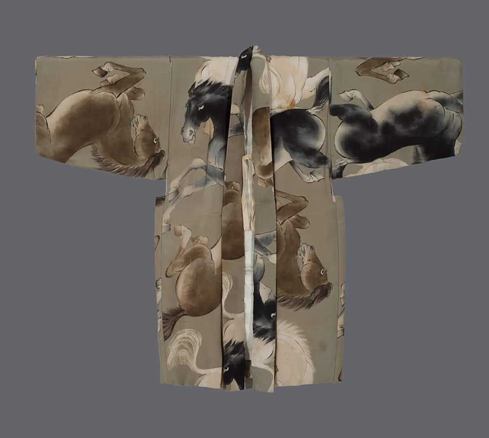 Traditional Japanese kimono with detailed horse illustrations in muted tones