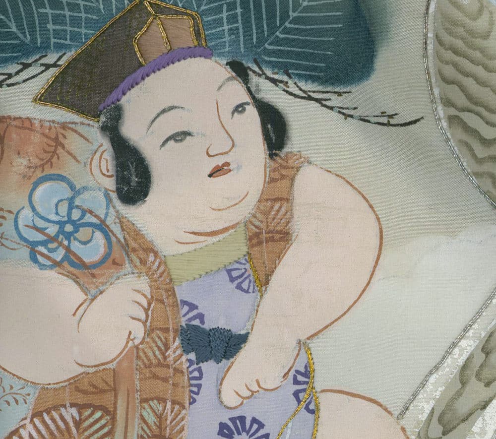 Vintage Japanese illustration of a smiling child in traditional clothing