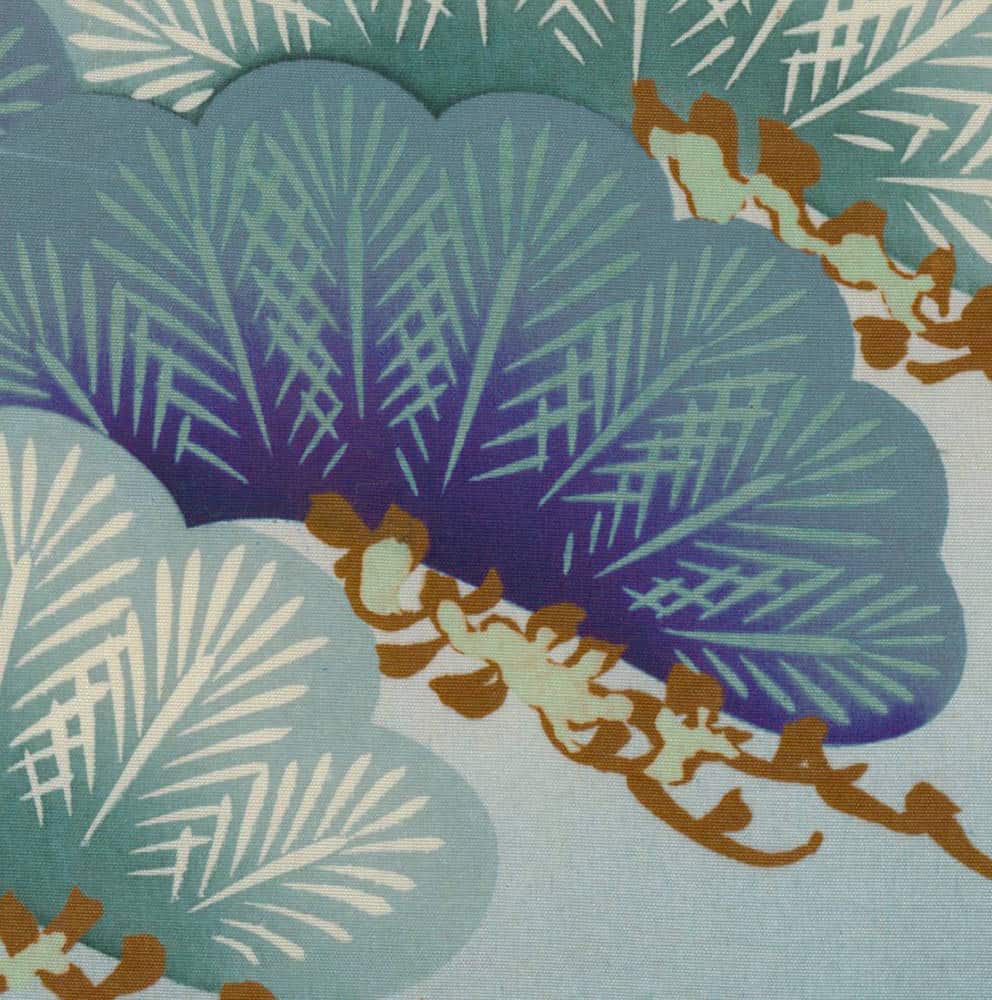 Decorative fabric with blue and teal floral fan-like patterns