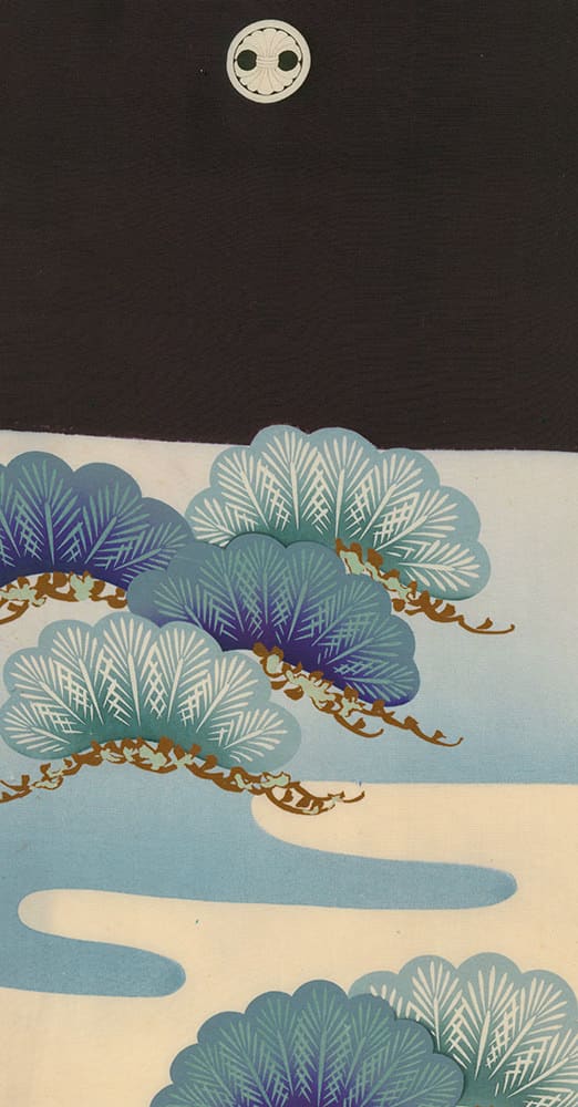 Stylized Japanese illustration of blue pine trees under a full moon