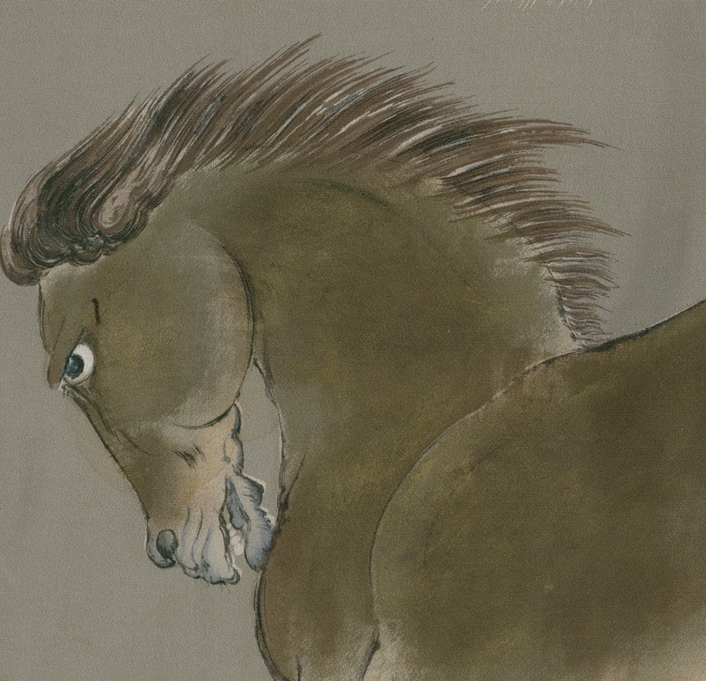 Stylized watercolor painting of a horse with flowing mane