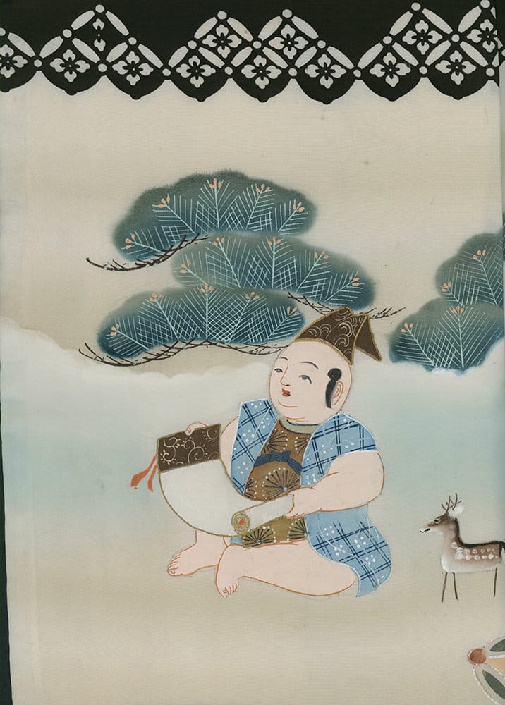 Traditional Japanese illustration of child in blue kimono with pine trees