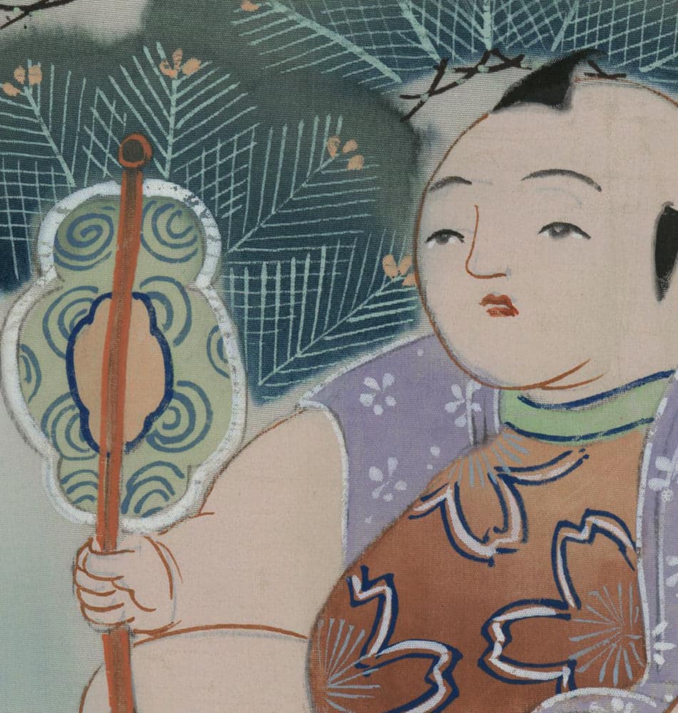 Traditional Japanese artwork of a figure holding a decorative fan