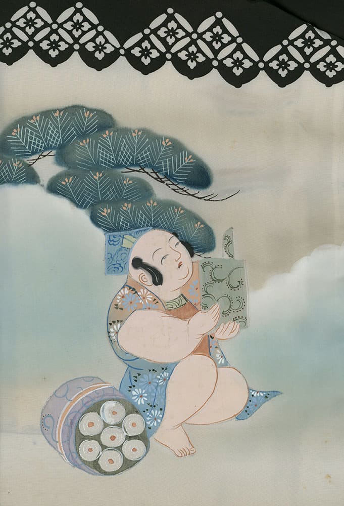 Dreamy figure with blue kimono resting near stylized pine and round plates