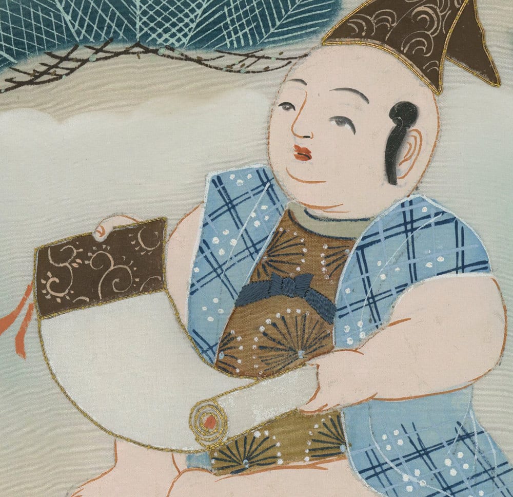 Traditional Japanese illustration of child in blue plaid kimono