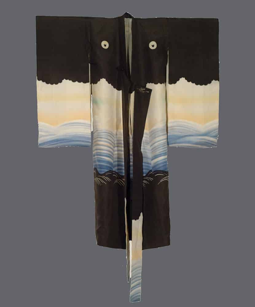 Traditional Japanese kimono with landscape design in black, blue, and beige