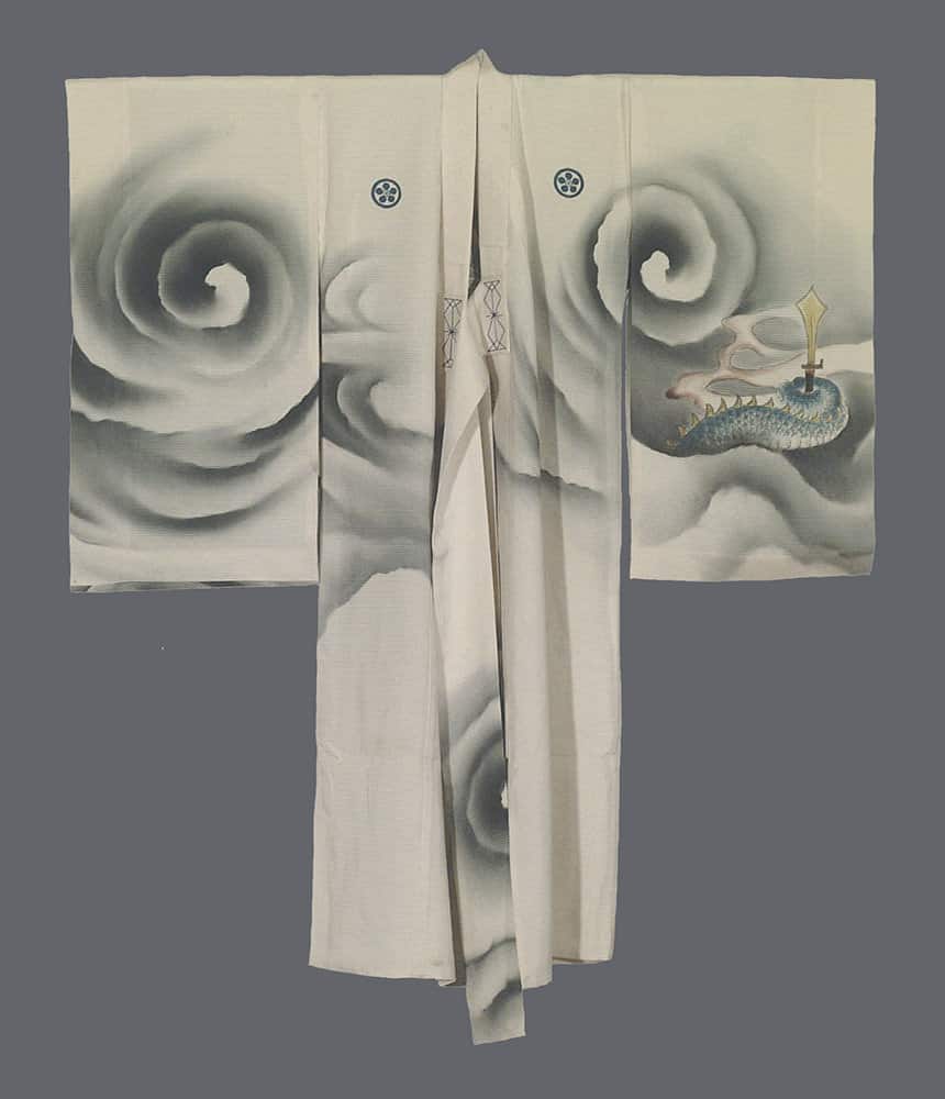 Vintage Japanese kimono with swirling gray patterns and small blue fish