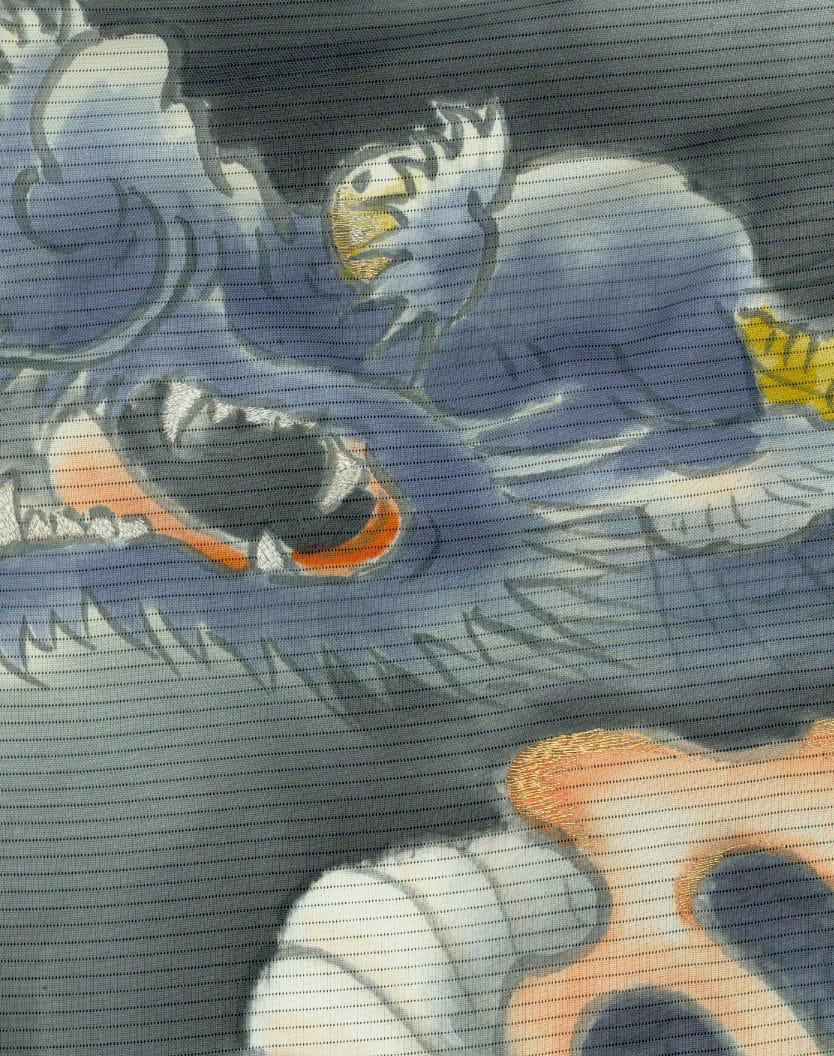 Abstract textured artwork with curved shapes in blue, white, and orange