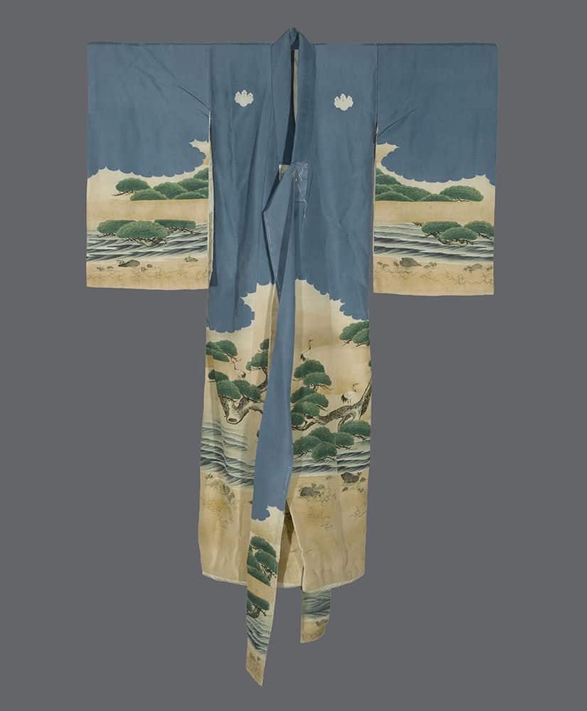 Blue and beige Japanese kimono with scenic coastal landscape and pine trees