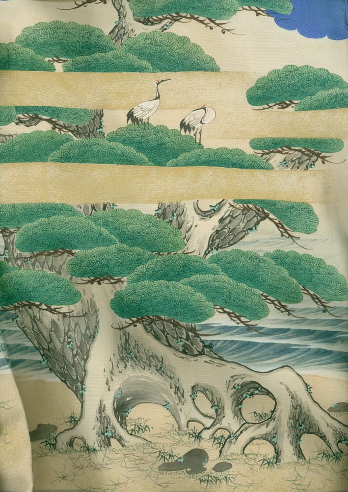 Japanese woodblock print of cranes among green pine trees and twisted roots