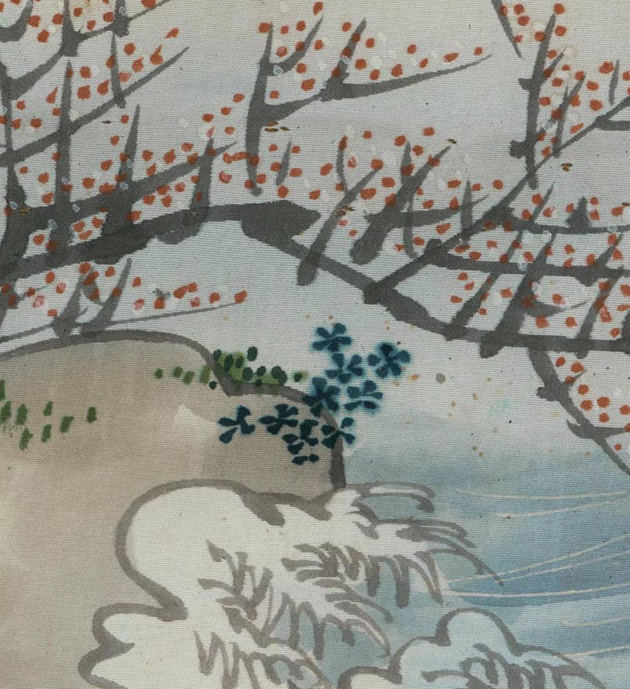 Asian-style painting of branches with red berries and blue flowers